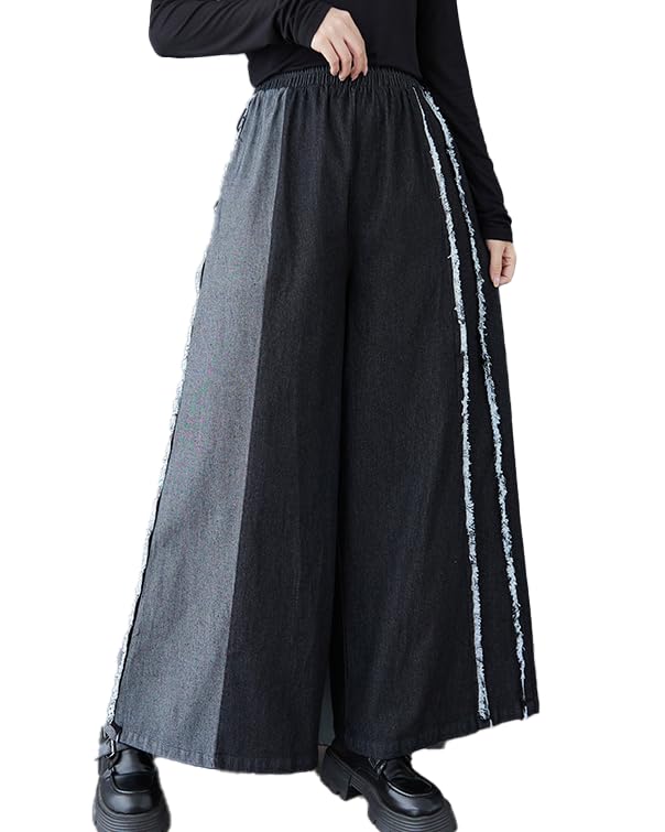 ellazhu Womens Pants Loose Elastic Wide Leg High Waist Vintage Patchwork Sweatpants Side Pockets GZ647