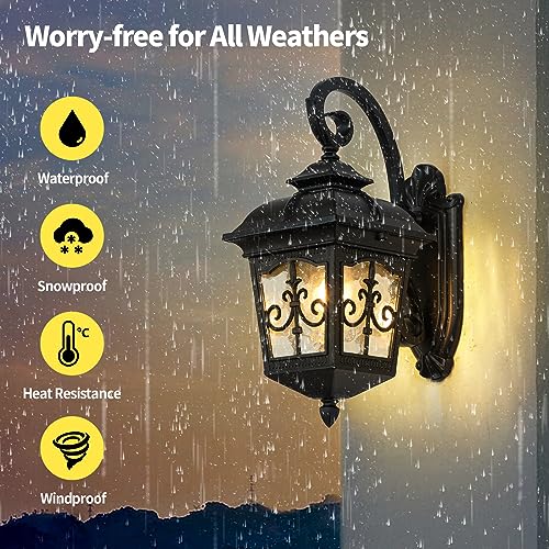 Gooseneck Outdoor Wall Lights, 14.4"H Black Vintage Industrial Exterior Lantern Light for Porch, Patio, Yard, Garden, Outside Waterproof Aluminum Wall Sconce Lamp Lighting Fixtures with Cracked Glass