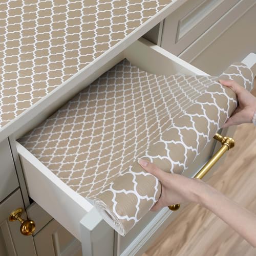 Shinlendid Shelf and Drawer Liner for Kitchen Cabinets Non-Adhesive, Strong Grip Non-Slip Thickened Cabinet Liners for Shelves, Waterproof Mats for Dresser Cupboard, Beige, 12 in x 10 Feet