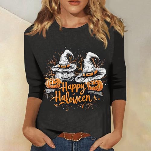 Halloween Shirts for Women 3/4 Sleeve Plus Size Crewneck Loose Fit Cute T Shirt Halloween Costumes for Women 2025