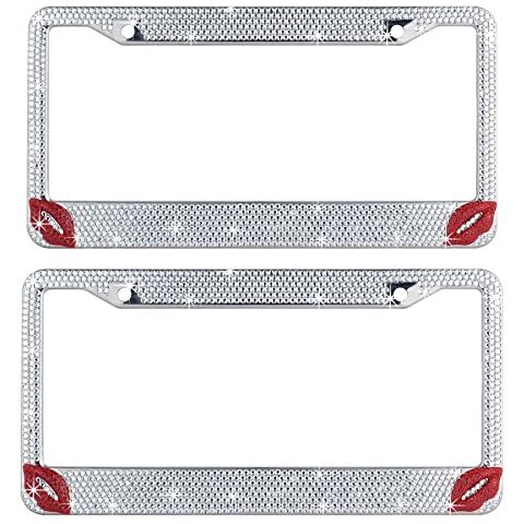 Follicomfy 2PCS Red Lips Car License Plate Frame Cover for Women Girl Ladies Bling Diamond Sparkle Rhinestone Stainless Steel Metal Chrome with Screws,White+Red Cover