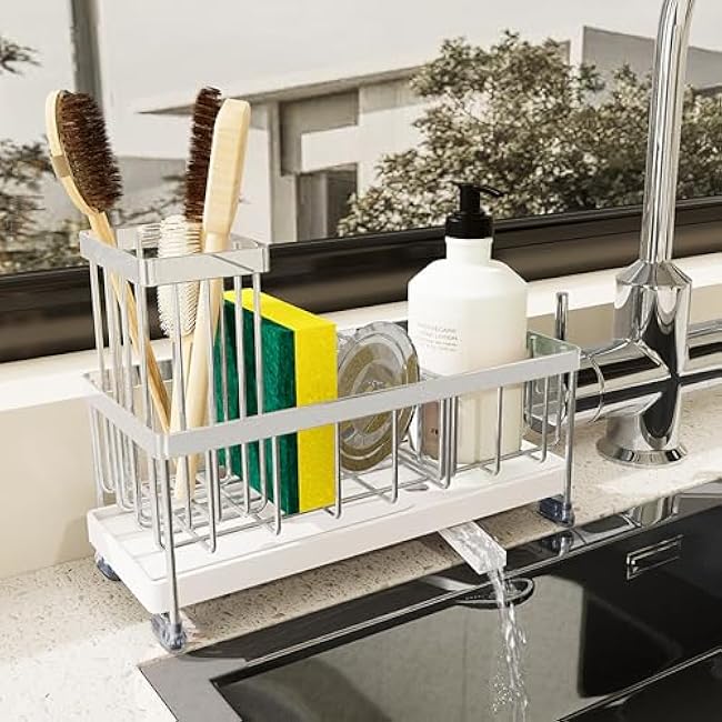 Sponge Holder for Kitchen Sink, Sink Caddy Organizer,Kitchen Essentials for Countertop-Self Drain Sponge Rack,Soap Dispenser Storage,Rustproof Stainless Steel,High Brush Holder,Grey