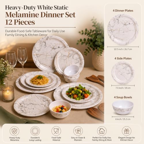 Image of MARKET 99 Heavy-Duty White Static Melamine Dinner Set 12 Pieces | Includes 4 Dinner Plates 4 Side Plates 4 Soup Bowls | Durable Food-Safe Tableware for Daily Use Family Dining & Kitchen Decor