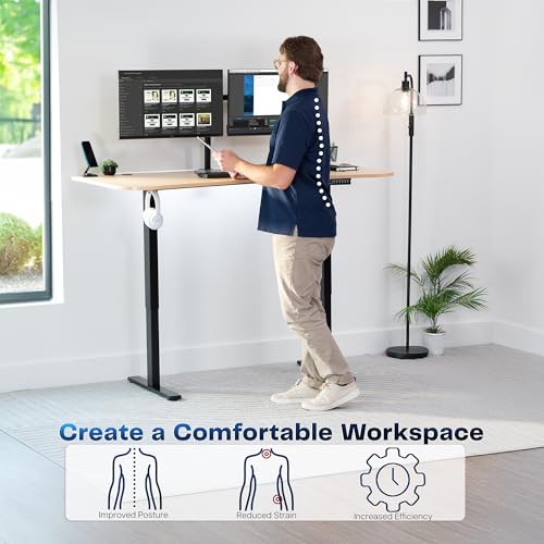 Image of VIVO Electric 63 x 32 in Standing Desk, Memory Height Adjustment, 1B Series, Holds 220 lbs, Light Wood Top Black Frame, DESK-KIT-1B1C