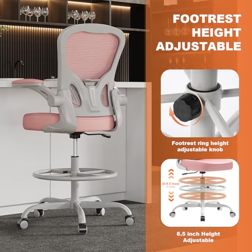 Image of Synorla Ergonomic Drafting Chair, Tall Mesh Office Chair with Flip-up Armrests, Lumbar Support & Adjustable Footrest Ring for Standing Desk Gray Pink