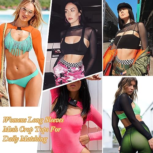 Image of Zando Mesh Crop Top Long Sleeve Rave Top For Women Festival Halloween Mesh Top Rave Outfit For Women