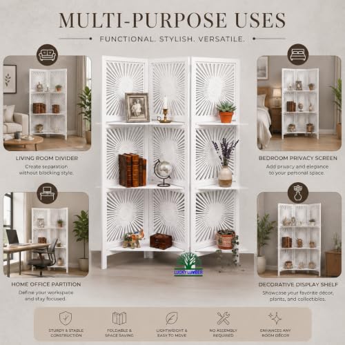 Image of 3 Panel Wooden Room Divider Partition with Shelves, Folding Privacy Screen for Living Room & Bedroom, Decorative Jali Design, 60 x 72 Inch, Sun White with Shelves