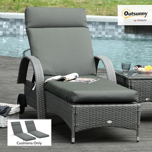 Outsunny 2er Set Auflage für Sonnenliege, Flammhemmend Liegenauflage mit Bänder für Gartenliege 8cm dick Polsterauflage Liegestuhl Kissen für Gartenmöbel, Deckchair 196x55x8 cm Dunkelgrau NUR Kissen