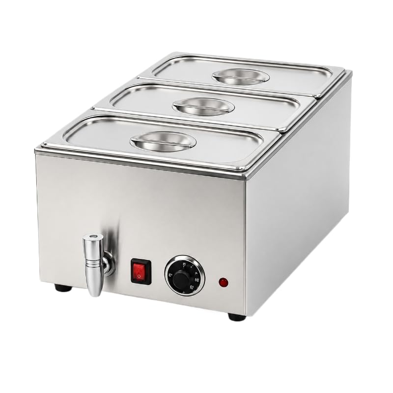 Bain-Marie Électrique avec Robinet de Vidange - 3 Bacs GN 1/3 et couvercles Inclus