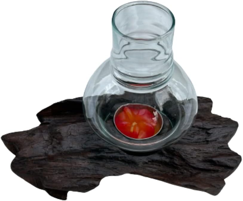 Teak Root Candle Holder with Glass Cover