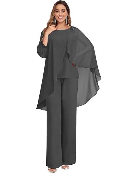 BANTRATIC 2 Pieces Mother of The Bride Pantsuits for Wedding with Cape Long Sleeve Chiffon Formal Evening Prom Pants Outfit
