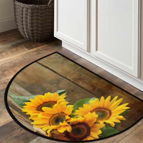 Image of cfpolar Half Round Door Mat Wood Sunflower Flower Floral Non-Slip Semi Circle Area Rug Washable Half Moon Hearth Rugs for Indoor Outdoor Bathroom Kitchen Patio Runner Mat Laundry Room Home Decoration