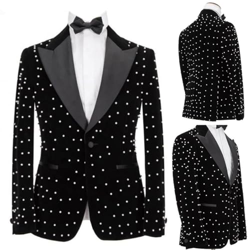 Men's Black Velvet Blazer with Crystal Pearl Embellishments Single Breasted One Button for Wedding3
