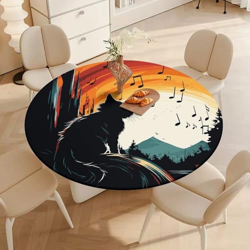 Nappe ronde élastique imperméable extensible à motif chat pour table ronde - 5