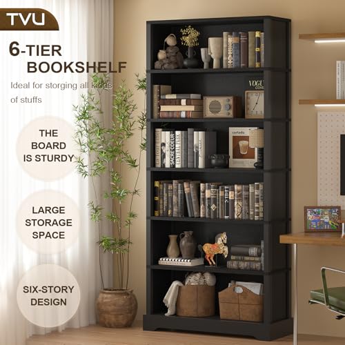 Image of TVU 6-Tier Wooden Bookshelf, 77.2 inch Tall Farmhouse Style Open Bookcase, 31.5 inch W Standing Book Shelf with Storage, Suitable for Study, Living Room, Office, Blcak
