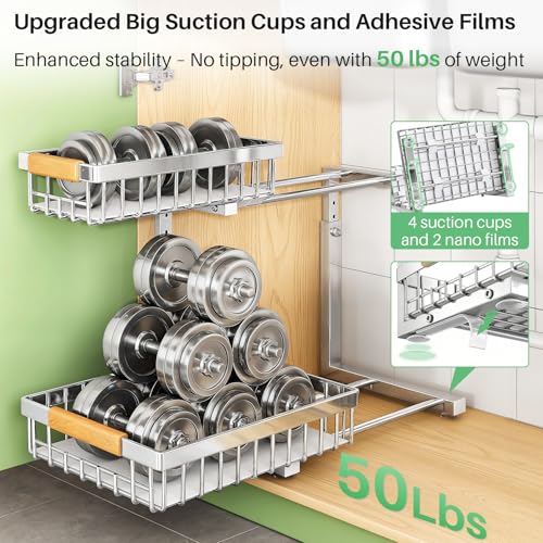 Image of Kitstorack Under Sink Organizer, 2 Tier Under the Sink Storage, Slide out Pull out Cabinet Organizer Shelf, Metal Sliding Drawer for Kitchen Bathroom Pantry Closet Organization Rack, Silver, 1 Pack