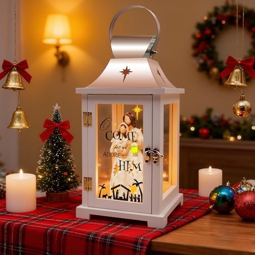 Christmas Nativity Set for Table Centerpieces, Nativity Christmas Lantern for Modern Farmhouse Decor, Hanging Candle Lantern for Xmas Home Decor Indoor, Resin Nativity Figurine
