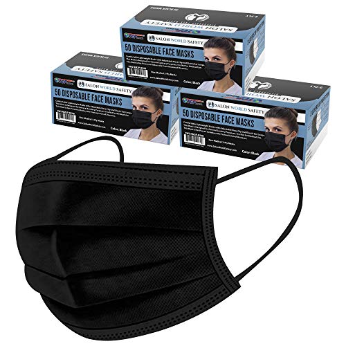 TCP Global Salon World Safety - Black Face Masks 3 Boxes (150 Masks) Breathable Disposable 3-Ply Protective PPE with Nose Clip and Ear Loops