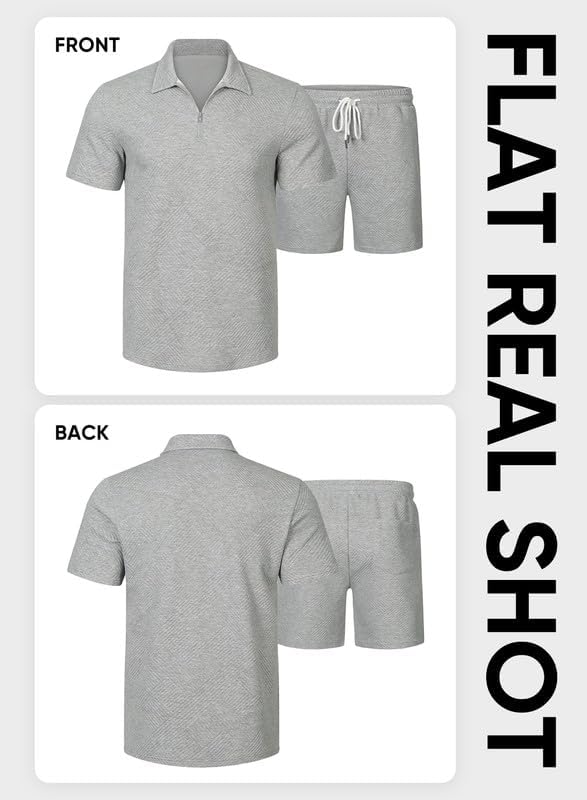 JMIERR Men's Tracksuits 2 Piece Outfits Casual Sweatsuit Textured 1/4 Zip Short Sleeve Golf Polo Shirt and Short Sets - Image 8
