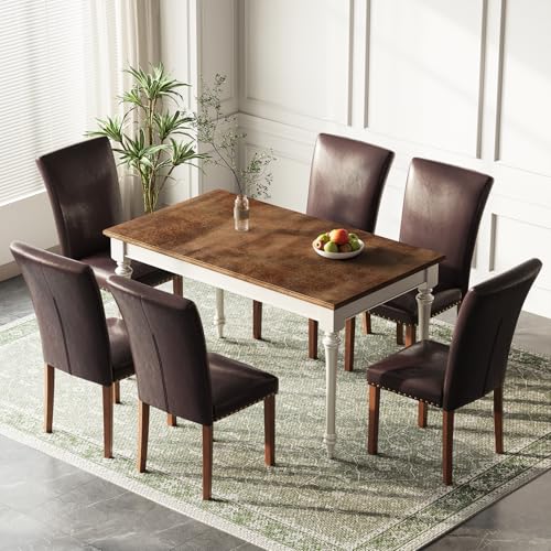 Image of Farmhouse Dining Chairs Set of 6, High Back with Wooden Legs and Nailhead Trim, Modern Fabric Dining Room Chair for Kitchen /Restaurant