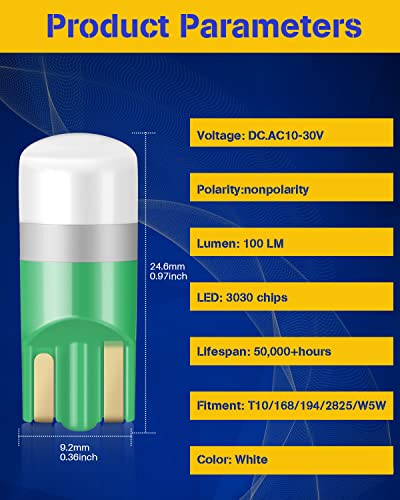 Duofu365 194 Led Bulb, Wedge T10 Led Bulb 3030 Chips No-Polarity Dc/Ac 10-30V,168 2825 W5W T10 Led Replacement Bulbs For Car Dome Map Door Courtesy License Plate Dash Instrument Lights(Pack Of 10) #TOP2