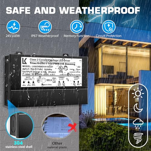 Image of 24V 100W Dimmable LED Driver, 5-in-1 Triac /ELV /MLV / /0-10V /1-10V /PWM /V-R Dimming AC to DC Power Supply, IP67 Waterproof LED Transformer, UL Listed, Compatible with Lutron & Leviton Dimmer