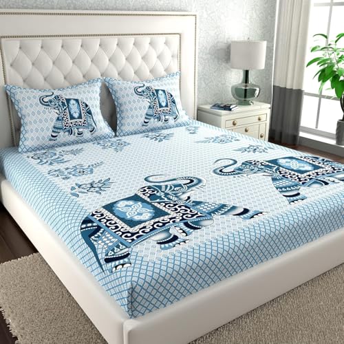 Image of La Verne 140 TC 100% Cotton King Size Jaipuri Rajasthani Print Bedsheet with 2 Pillow Covers