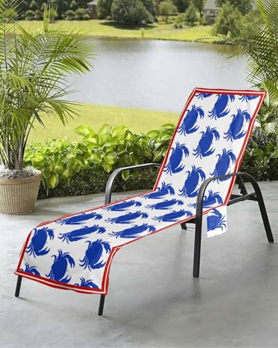 Crab Blue Beach Chair Towel Covers for Chaise Lounge with Side Pocket, Soft Plush Pool Towels Cover for Patio Sunbathing Outdoor 29''x85'' Coastal Summer Beach Sea Red White