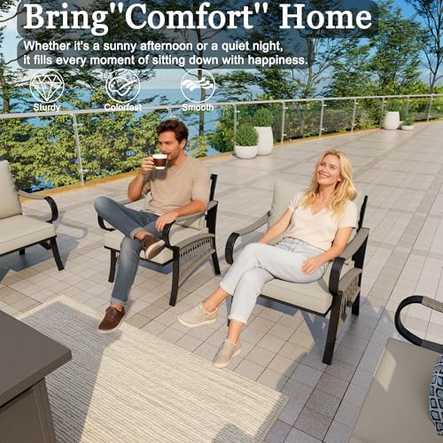 Image of 6-Piece Outdoor Furniture Set, Patio Conversation Set Include 3-Seater Sofa Single Chairs Loveseat Couch with Coffee Table and Fire Pit Table for Deck, Porch (Beige Cushions)