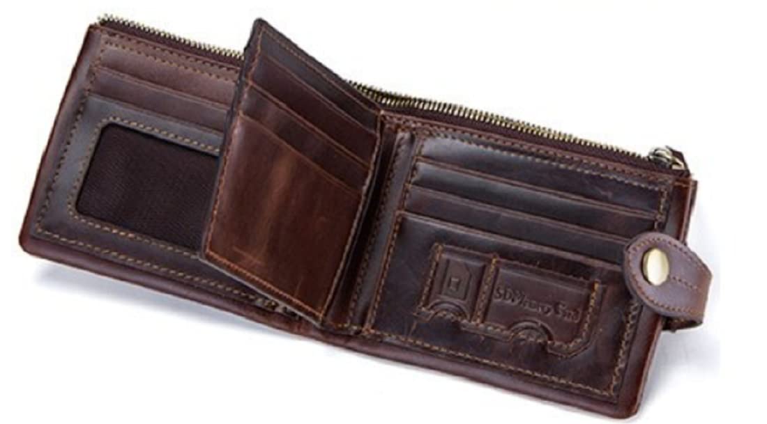 Contacts Men's Genuine Leather Wallet | RFID Blocking | Bifold with Button Closure | 13 Card Slots Including 1 ID Window, 1 Zip Closure Currency Compartment (Hori Brown) 1