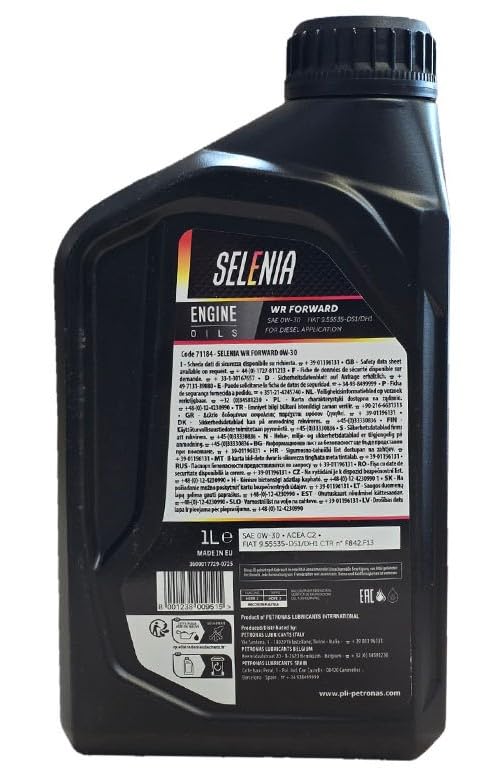 Olio Selenia WR Forward - SAE 0W-30 0W30 ACEA C2 - Motori Diesel EURO 6 - Confezione da 2 Lt | Lubrificante sintetico avanzato per massima protezione del motore, efficienza dei consumi e prestazioni affidabili nel tempo.