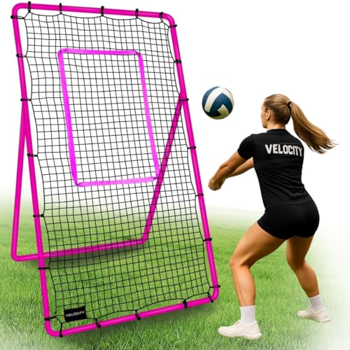 Volleyball Rebounder Pink, 7x4 ft Adjustable Volleyball Rebounder Net, Bounce Back Training Equipment, Net for Single Player, Durable & Portable with Travel Bag