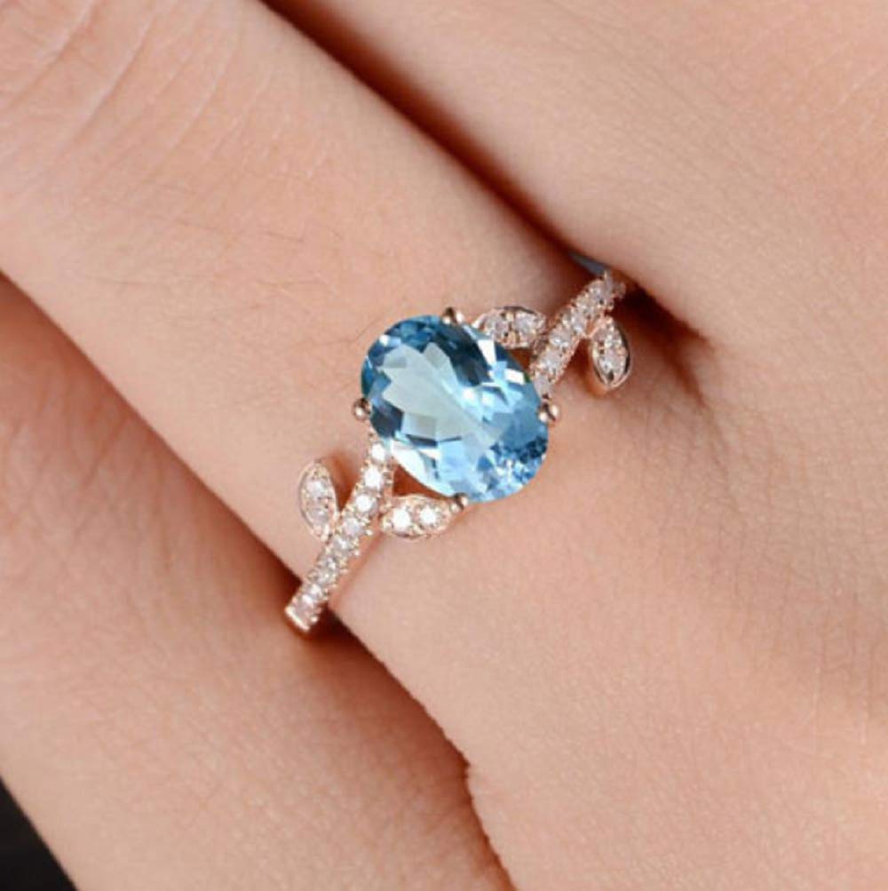 XIAOMEIFashion Women 14K Solid Rose Gold Aquamarine Ring Wedding Party Women's Jewelry Size 6-10 (Size 8)
