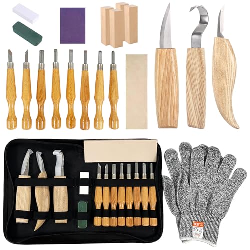 Sxnmmweu 21 Stück Schnitzwerkzeug Schnitzmesser Schnitzset - Schnitzmesser Kinder Erwachsene Set mit Schleifstein & Schleifwachs & Schleifpapier & Reißverschlusstasche für Anfänger und Profis