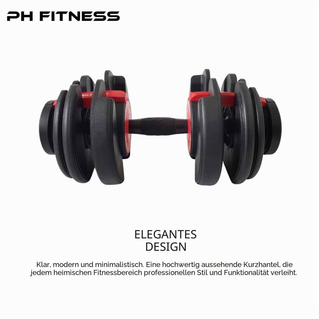 PH Fitness Premium Verstellbares Kurzhantel Set 24kg – 15-in-1 Einhand-Drehung – Kompaktes Hantel-Duo für Home Gym – 2,5–24kg – Platzsparendes Krafttrainingsgerät
