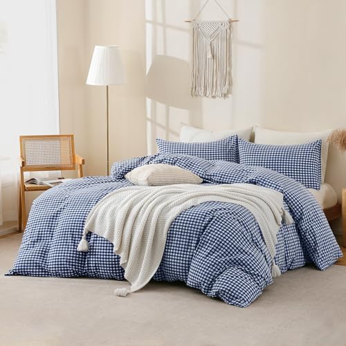 Image of TOCOMOA Navy Blue Gingham Duvet Cover Bedding Set 100% Washed Cotton Like Linen Feel Super Soft Comfy 3 Piece Dark Blue Plaid Checkered Comforter Cover Set (King 104 inchx90 inch, Comforter Not Included)