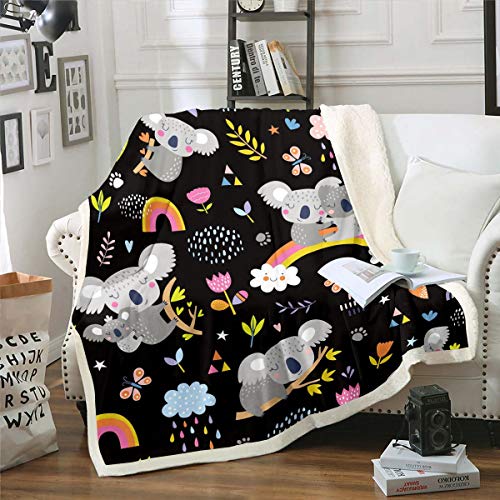 Loussiesd Kids Koala Fleece Blanket Cute Animal Pattern Sherpa Blanket for Couch Sofa Cartoon Rainbow Butterfly Plush Throw Blanket Floral Flowers Fuzzy Blanket Room Decor Single 50"x60"