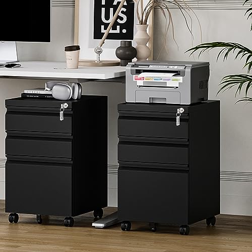 Miiiko File Cabinet 3 Drawers On Wheels Under Desk, Black Metal Rolling File Cabinets With Lock For Home Office thumb #6