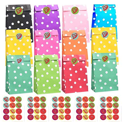 50 Bolsas de Regalo, Bolsas Kraft Bolsas Papel, Bolsas para Chuches con 60 Pegatinas de Agradecimiento para Cumpleaños, Bodas, Navidad, Fiestas (10 Colores)
