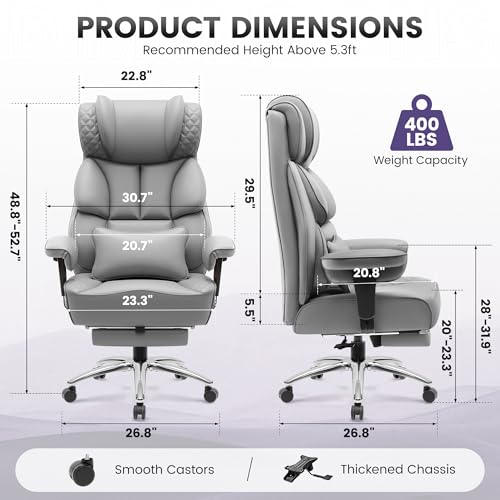 Image of BestGlory Office Desk Chair, Big and Tall Leather Gaming Chair with Footrest, Wide Ergonomic Comfy Executive High-Back Reclining Computer Chairs, Swivel Rolling Wheels and Padded Lumbar Support, Gray