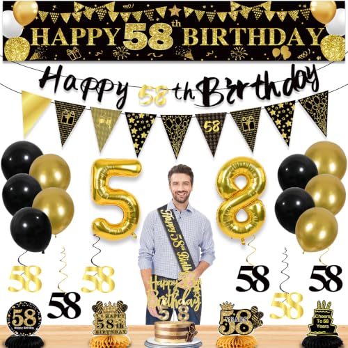 Image of 58th Birthday Decorations for Men, Black Gold 58th Party Decoration Kits | 27pcs Happy 58th Birthday Set, Banner, Honeycomb, Balloons, Gold Number, Candle, Hanging Swirls, Cake Topper, Party Supplies