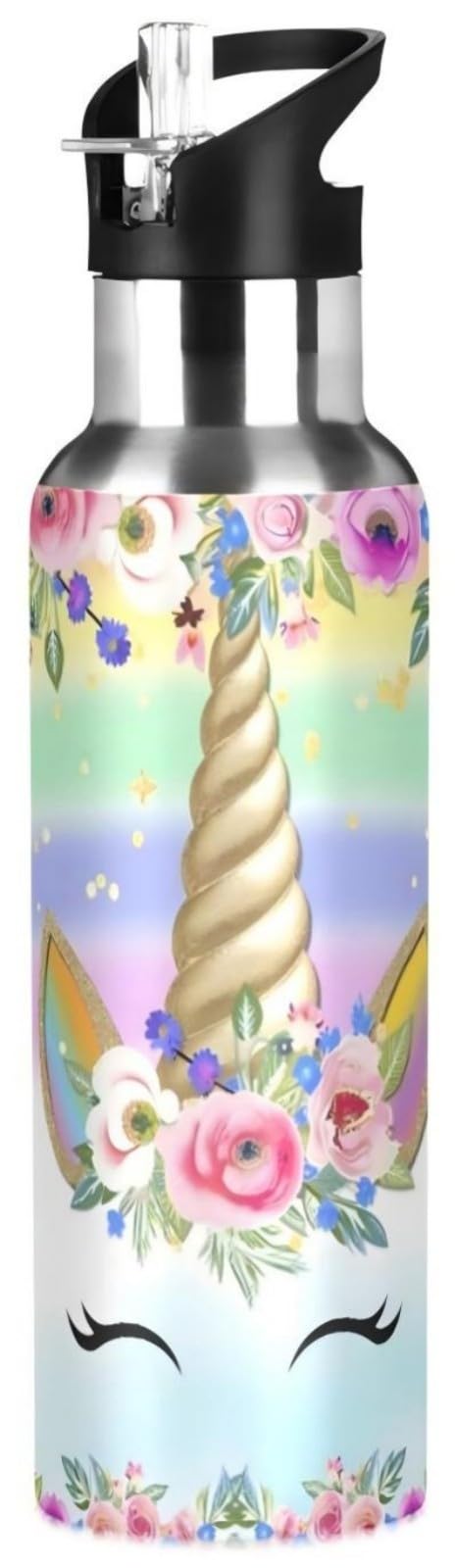 Linda botella de agua de unicornio para niños, termo aislado para niños y niñas, botella de agua fría caliente con tapa de popote para deportes, gimnasio, correr, 20 onzas