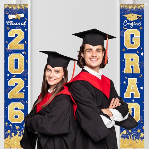 Image of 2026 Graduation Party Decorations - Blue Gold Class of 2026 Congrats Grad Porch Sign Banner Hanging Flag Graduation Party Supplies for School College Classroom Decor