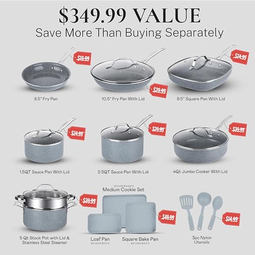 Granitestone 20 Pc Ceramic Cookware Set Nonstick, Complete Pots and Pans Set Non Stick for Kitchen with Bakeware, Cooking Utensils & Steamer, Non Toxic Made Without PFOA PFOS, Oven & Dishwasher Safe