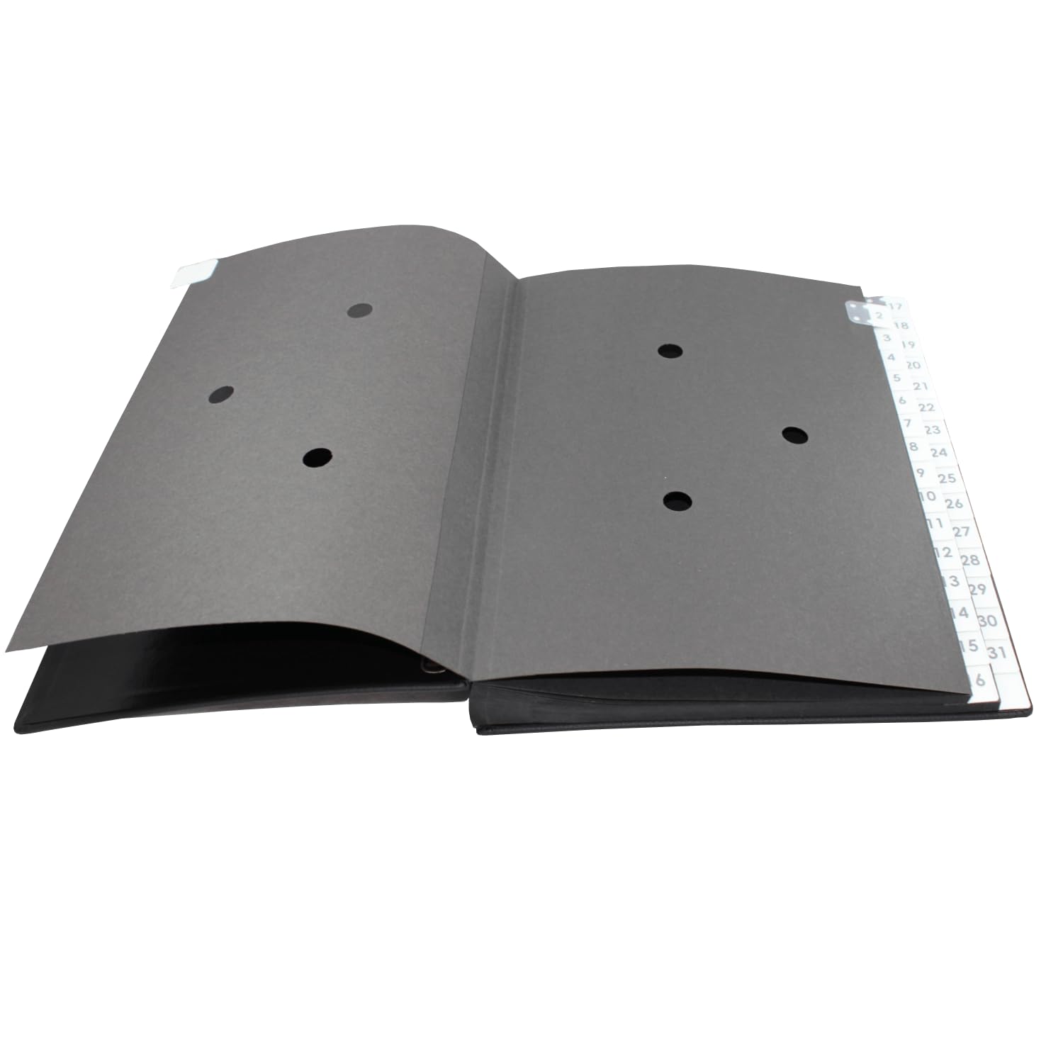 Raccoglitore con registro 1-31, pelle bovina grana nera, adatto per DIN A4, copertina morbida con dorso elastico, divisori in cartone nero con fori di visualizzazione