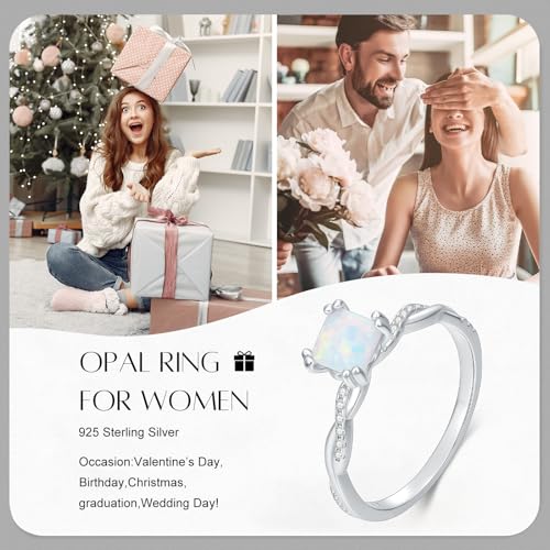 925 Sterling Silver 1 CT Princess Cut Opal Ring for Women Dainty Opal Engagement Wedding Promise Ring Anniversary Birthday Jewelry Gift for Mother Wife Friend4