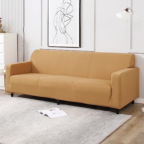 Image of HOKIPO Elastic Stretchable 4 Seater Sofa Cover, Sand Brown (AR-4280-E5)