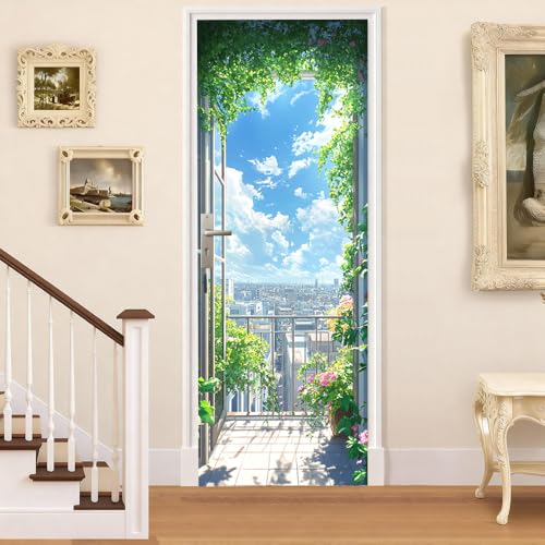 30.31 × 78.74 Inch Door Wallpaper Cover Decals Scenic Balcony