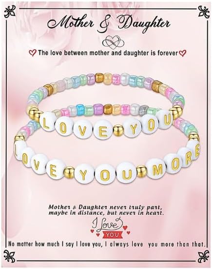 2 PCS Boho Acrylic Beads Bracelets Set for Mom Daughter Handmade Mother's Day Gifts Enter the Campus Gifts Colorful Bracelets Love You More Warming Jewelry