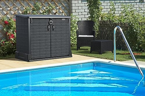 Foto von Duramax Cedargrain StoreAway 850L Kunststoff-Gartenhaus - Outdoor-Gartenhaus, Mülltonnenbox, Solide Konstruktion, ideal für Werkzeuge, BBQs und Mülltonnen 2x 120L, 130 x 74 x 110 cm, Dunkelgrau